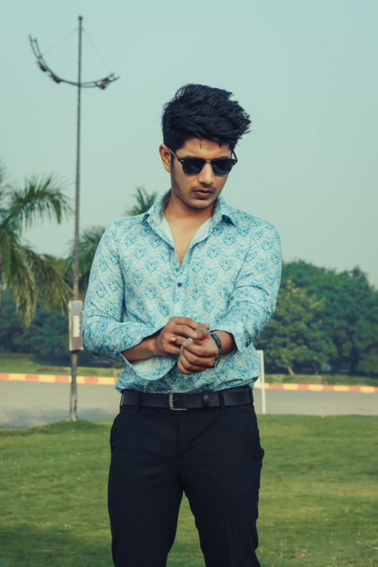 Blue Royal Motifs Digital Printed Party Wear Slim Fit Giza Cotton Shirt