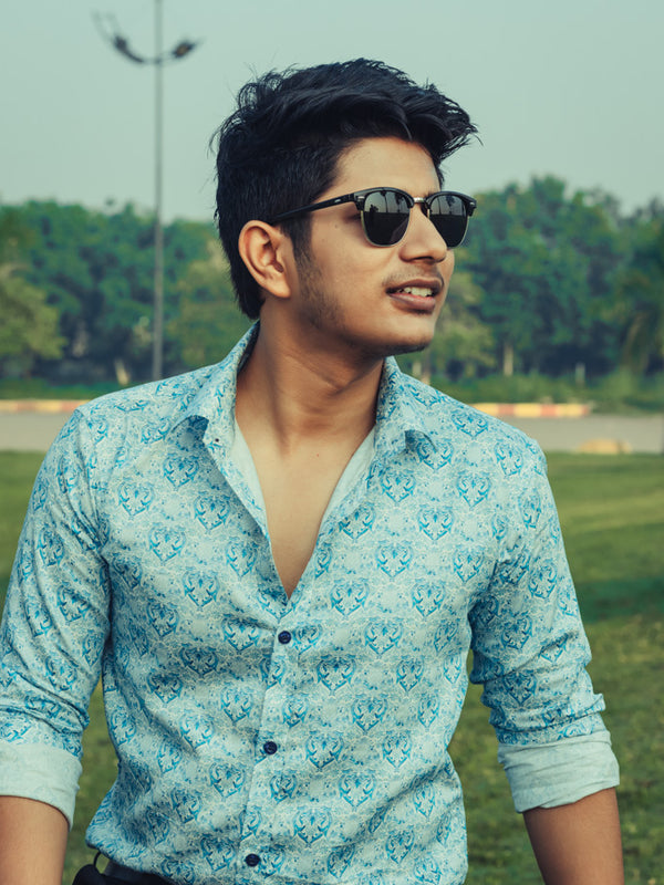 Blue Royal Motifs Digital Printed Party Wear Slim Fit Giza Cotton Shirt