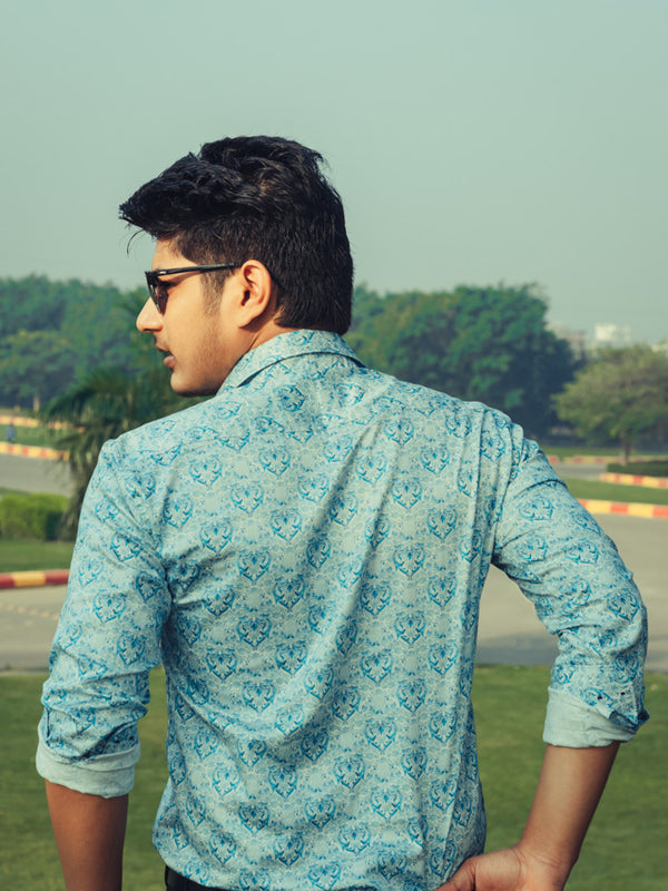 Blue Royal Motifs Digital Printed Party Wear Slim Fit Giza Cotton Shirt