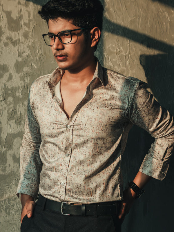 Off-White Royal Motifs Digital Printed Party Wear Slim Fit Giza Cotton Shirt