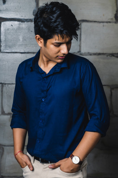 Navy Blue Solid Rayon Slim Fit Shirt
