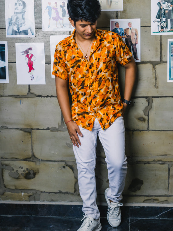 Yellow Abstract Leaves Premium Rayon Slim Fit Shirt