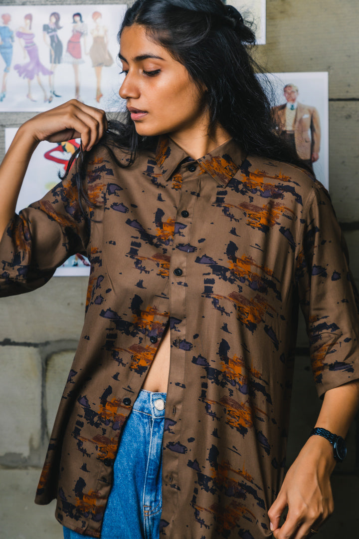 Brown Abstract Print Oversized Unisex Shirt