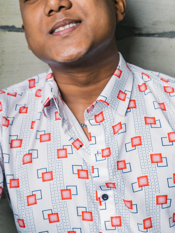 White Abstract Squares Premium Rayon Slim Fit Shirt