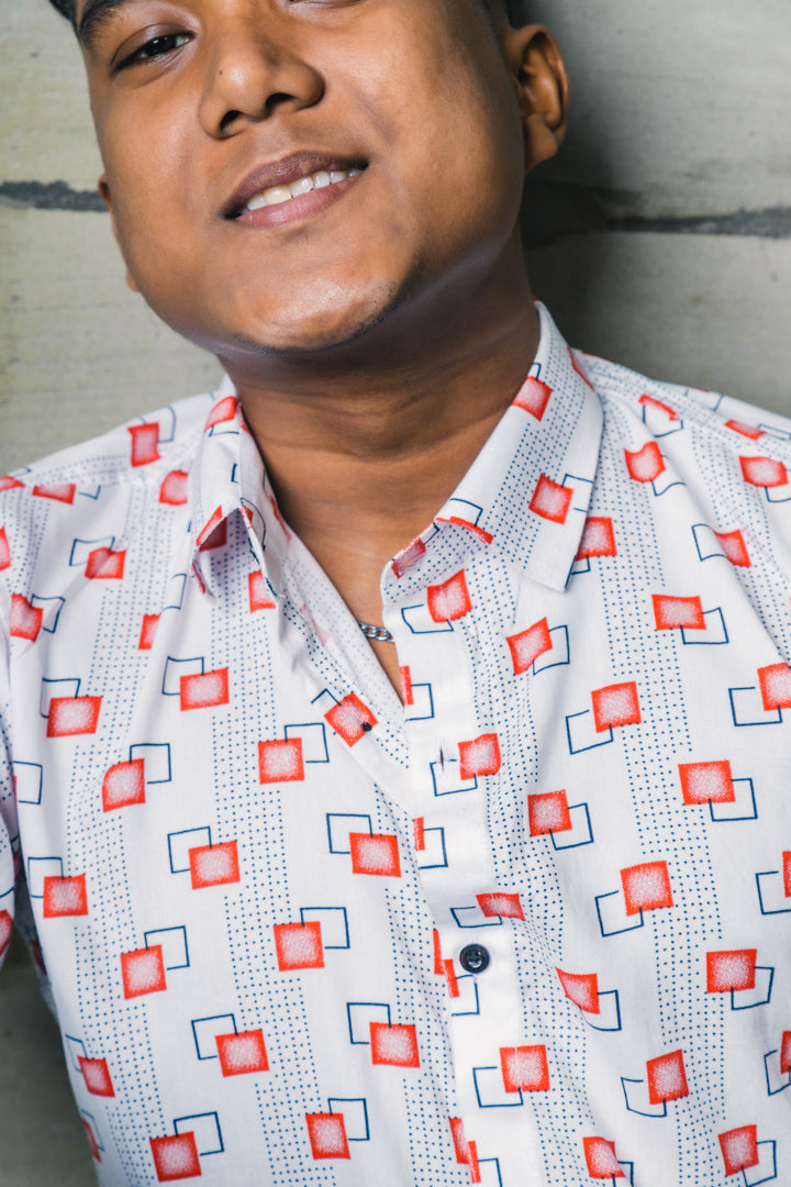 White Abstract Squares Premium Rayon Slim Fit Shirt