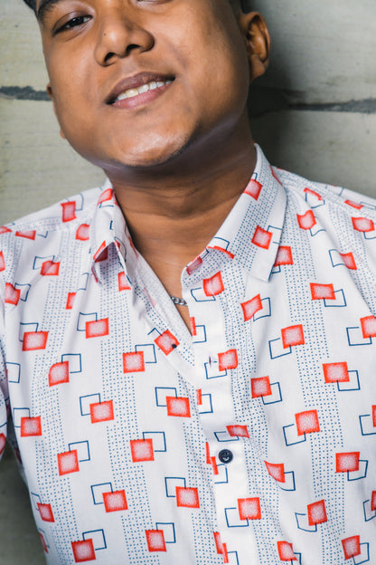 White Abstract Squares Premium Rayon Slim Fit Shirt