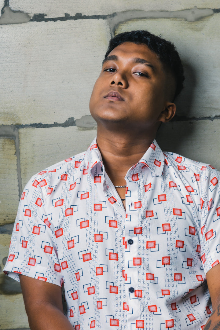 White Abstract Squares Premium Rayon Slim Fit Shirt