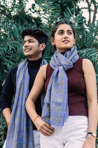 Blue with Grey Checkered Yarn-Dyed Lambswool Unisex Woollen Scarf