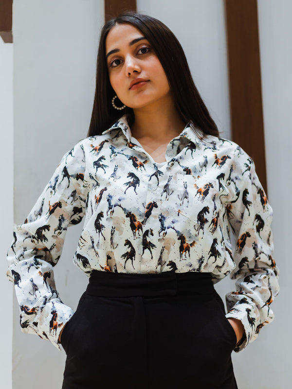 White Abstract Horses Quirky Slim Fit Unisex Shirt