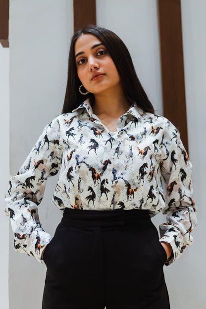White Abstract Horses Quirky Slim Fit Unisex Shirt