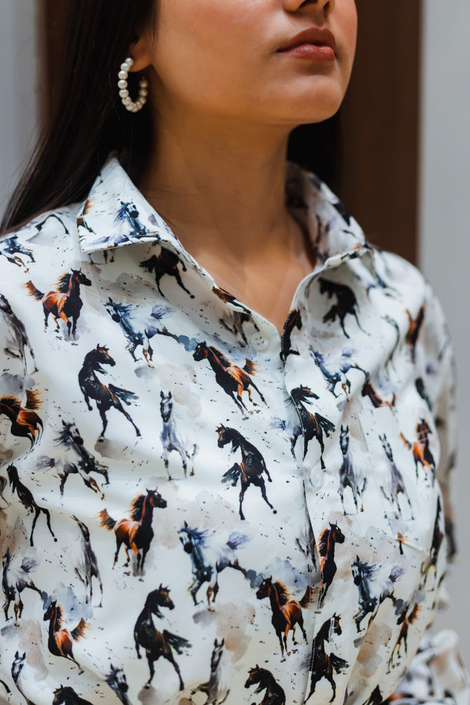 White Abstract Horses Quirky Slim Fit Unisex Shirt