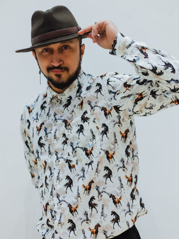 White Abstract Horses Quirky Slim Fit Unisex Shirt