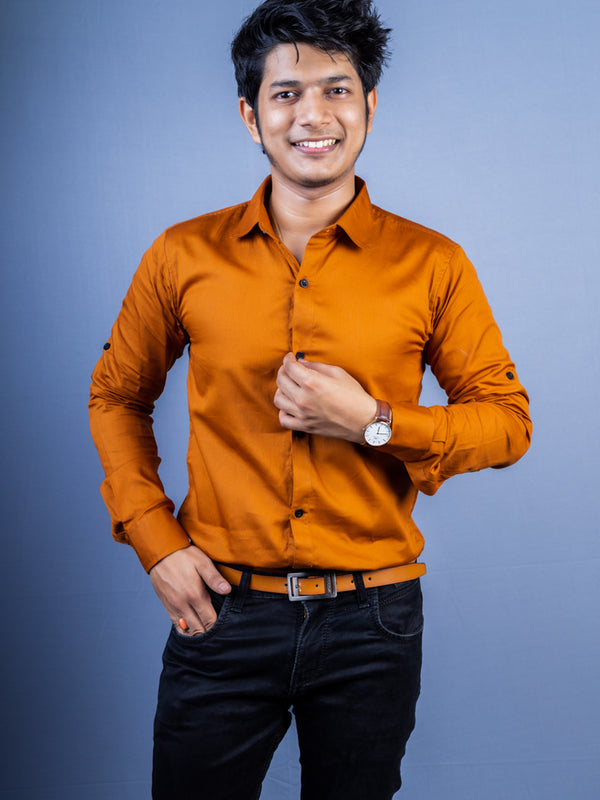 Brown Solid Party Wear Slim Fit Cotton Satin Shirt
