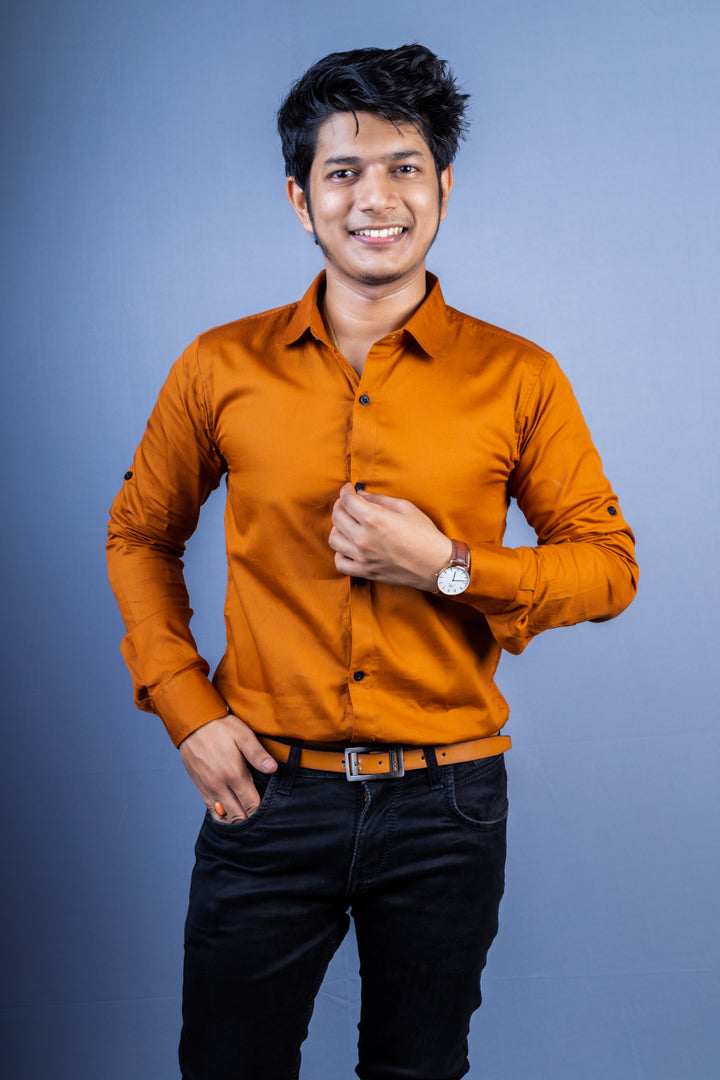 Brown Solid Party Wear Slim Fit Cotton Satin Shirt