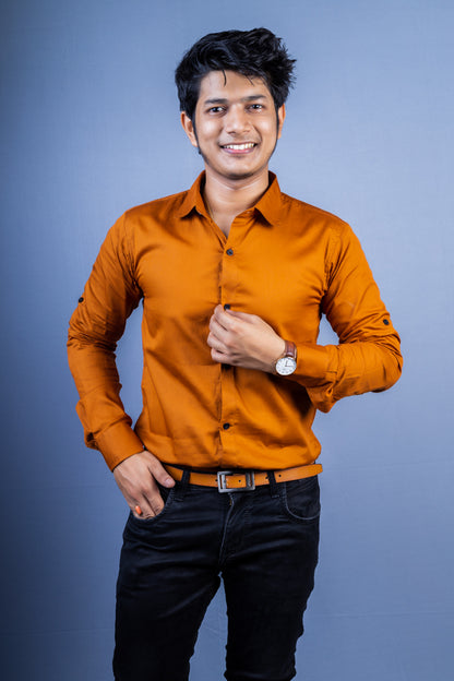 Brown Solid Party Wear Slim Fit Cotton Satin Shirt