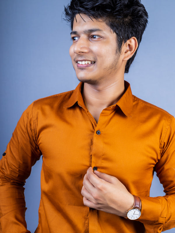 Brown Solid Party Wear Slim Fit Cotton Satin Shirt