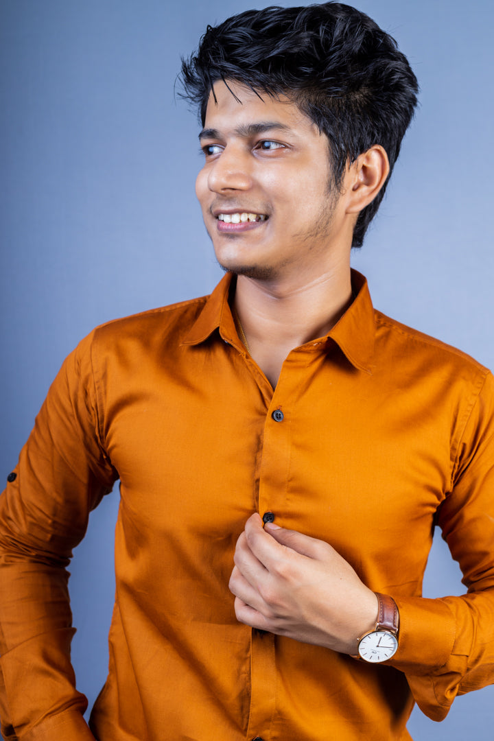 Brown Solid Party Wear Slim Fit Cotton Satin Shirt
