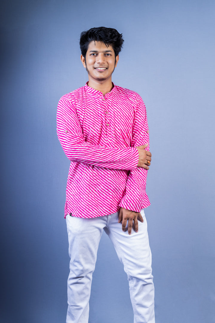 Pink Lehriya Handblock Printed Short Kurta