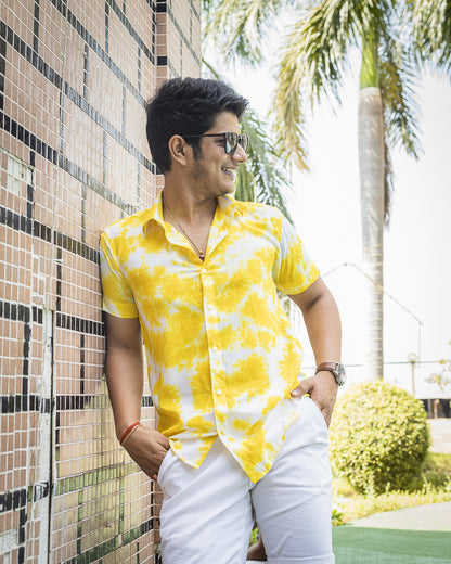 Lemon Yellow and White Tie Dye Slim Fit Premium Rayon Unisex Shirt