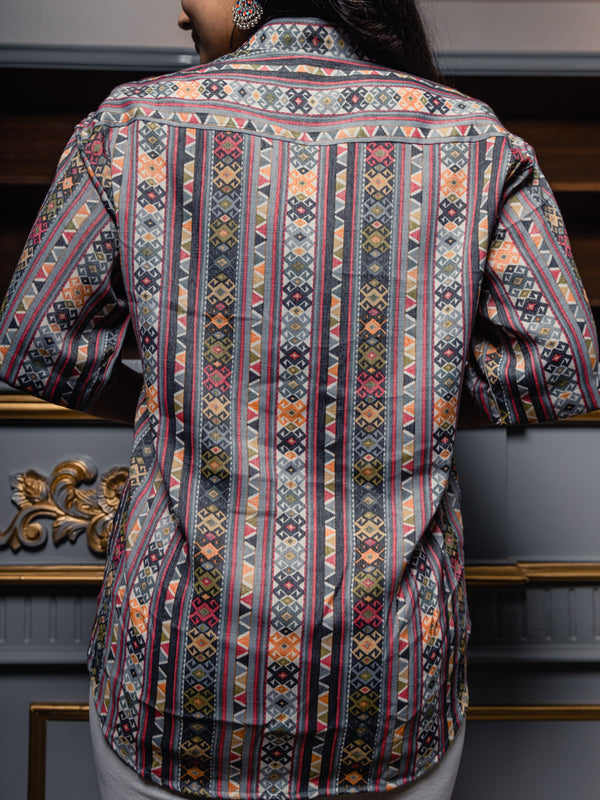 Grey Tribal Print Premium Oversized Unisex Rayon Shirt