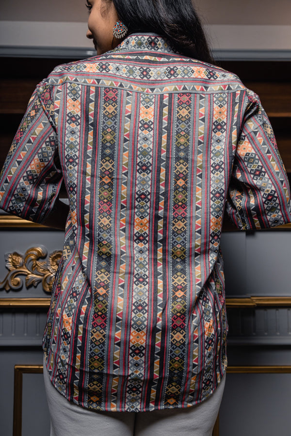 Grey Tribal Print Premium Oversized Unisex Rayon Shirt