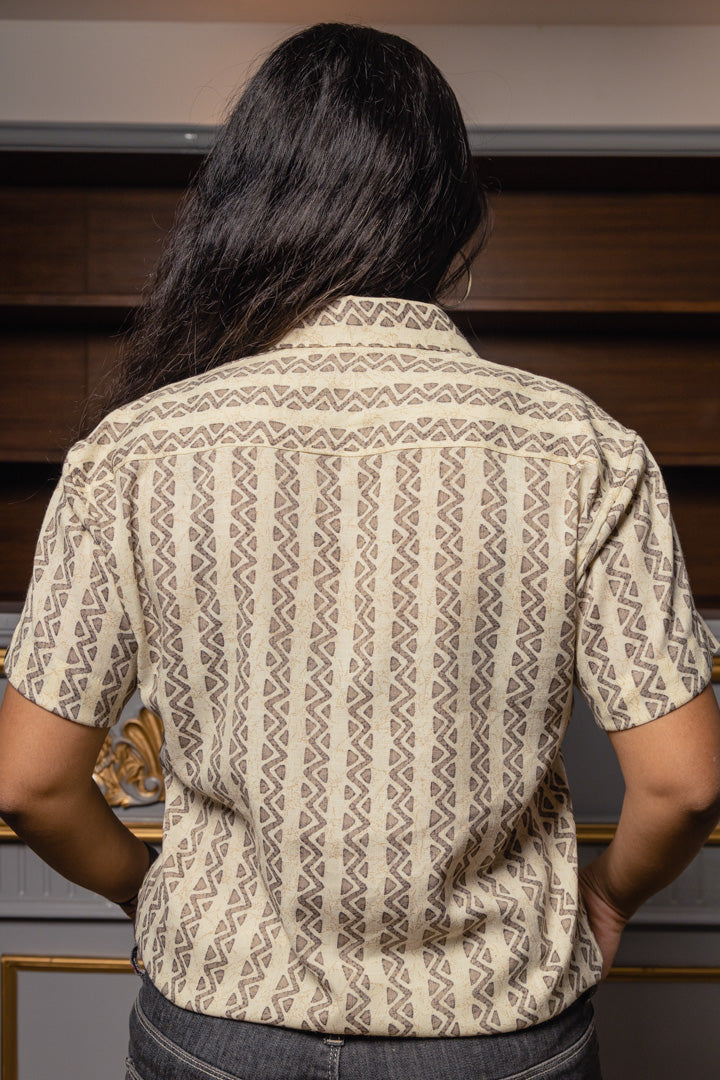 Beige Geometrical Stripes Premium Rayon Slim Fit Unisex Shirt