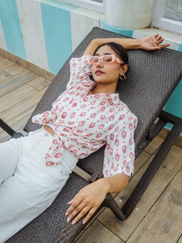 White & Red Geometrical Print Premium Oversized Unisex Rayon Shirt