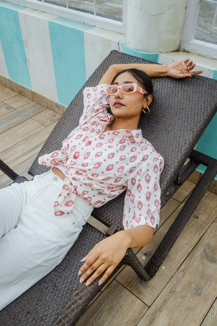 White & Red Geometrical Print Premium Oversized Unisex Rayon Shirt