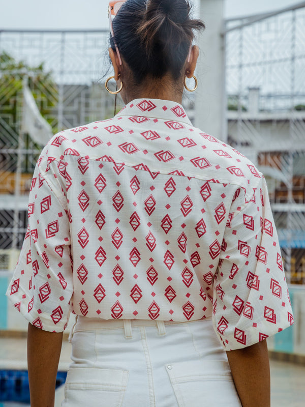 White & Red Geometrical Print Premium Oversized Unisex Rayon Shirt