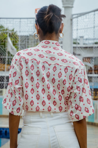 White & Red Geometrical Print Premium Oversized Unisex Rayon Shirt