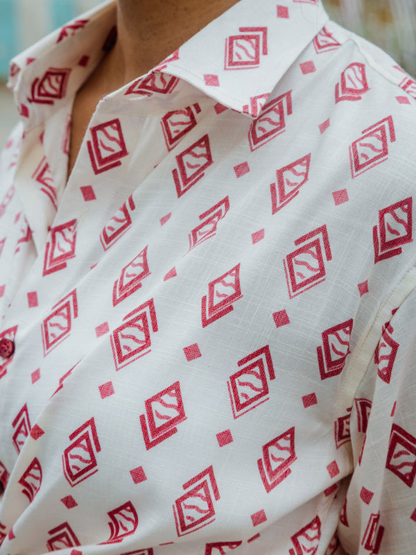 White & Red Geometrical Print Premium Oversized Unisex Rayon Shirt
