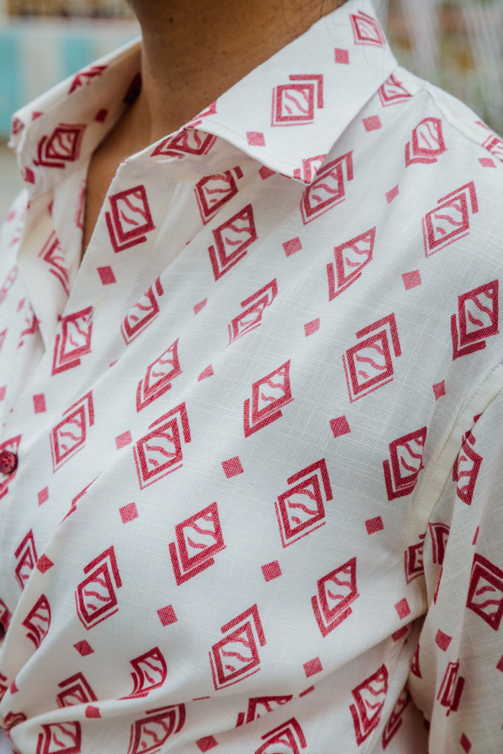 White & Red Geometrical Print Premium Oversized Unisex Rayon Shirt