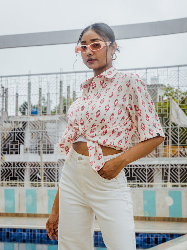White & Red Geometrical Print Premium Oversized Unisex Rayon Shirt