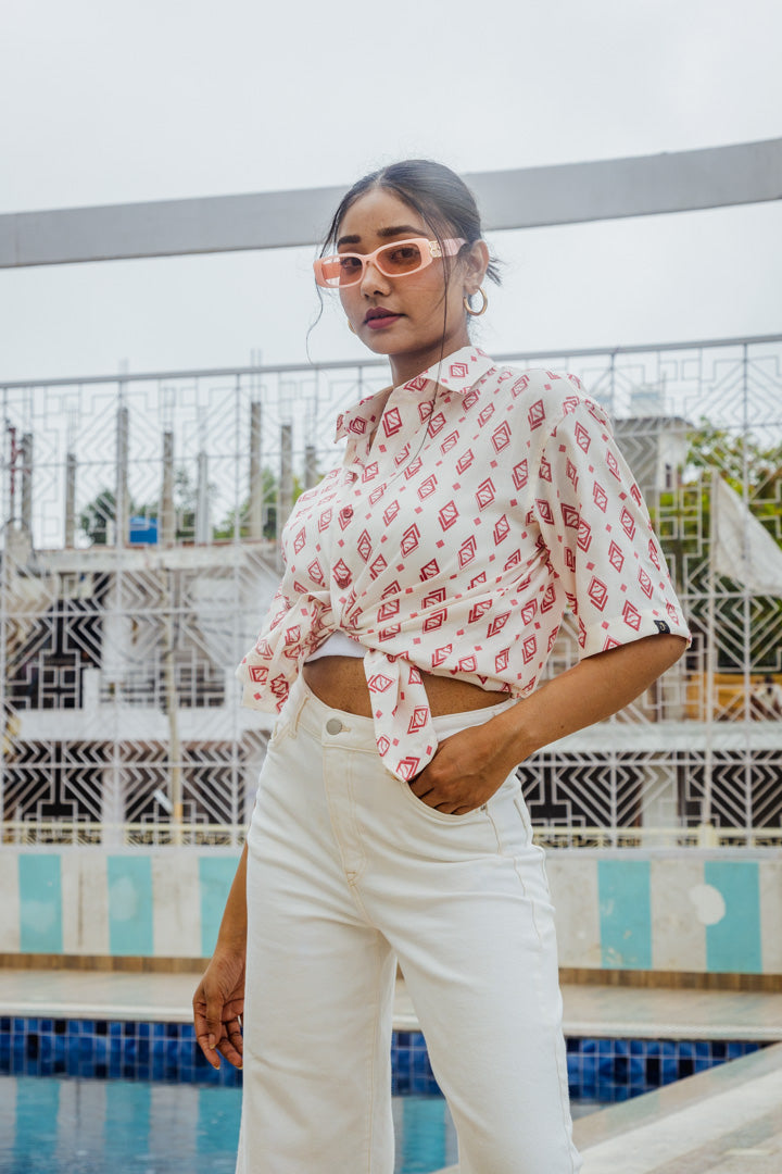 White & Red Geometrical Print Premium Oversized Unisex Rayon Shirt