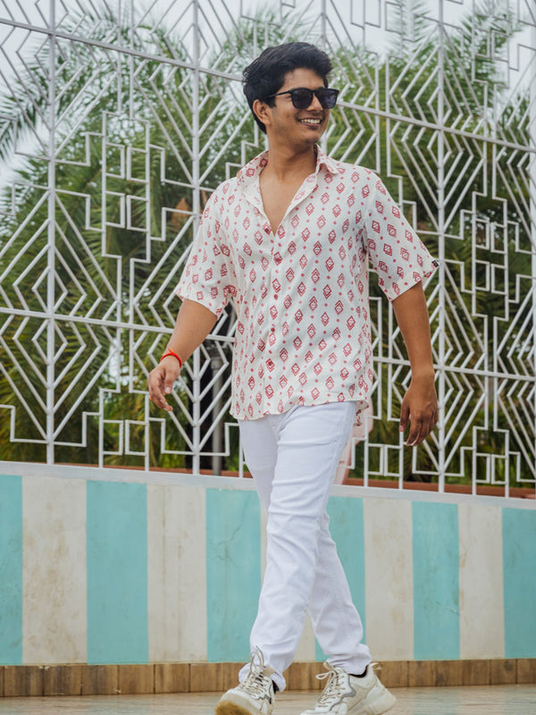 White & Red Geometrical Print Premium Oversized Unisex Rayon Shirt