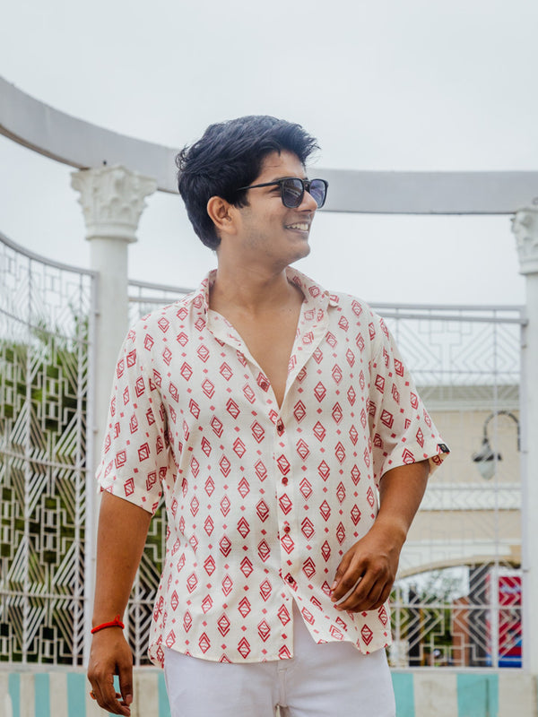 White & Red Geometrical Print Premium Oversized Unisex Rayon Shirt