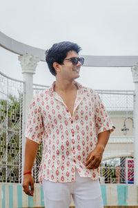 White & Red Geometrical Print Premium Oversized Unisex Rayon Shirt