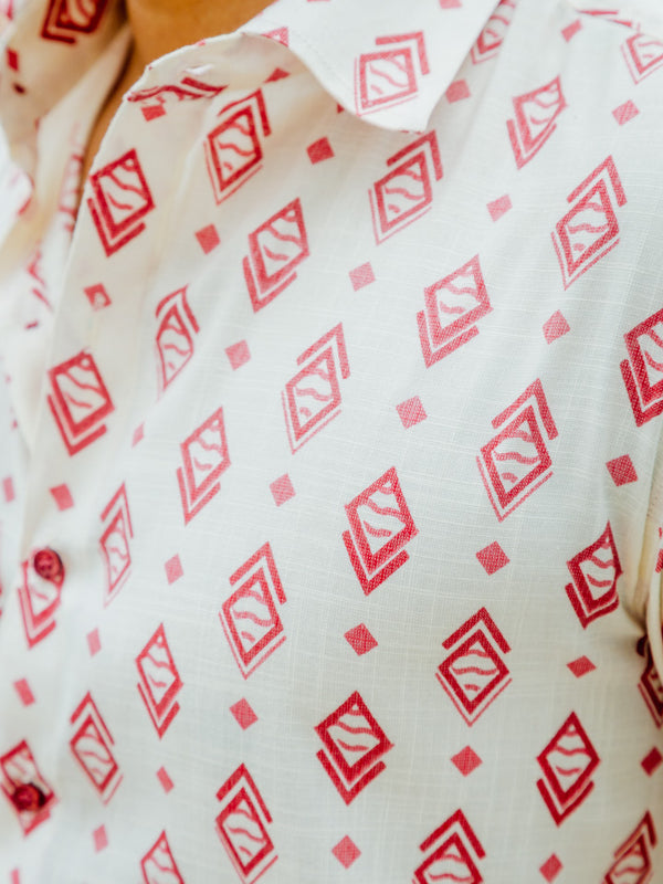 White & Red Geometrical Print Premium Oversized Unisex Rayon Shirt