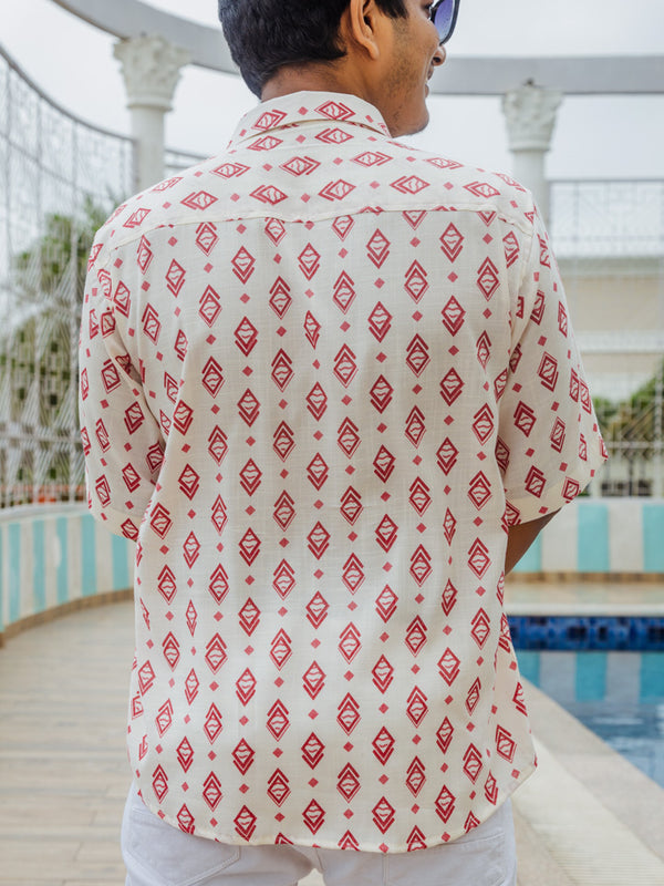 White & Red Geometrical Print Premium Oversized Unisex Rayon Shirt