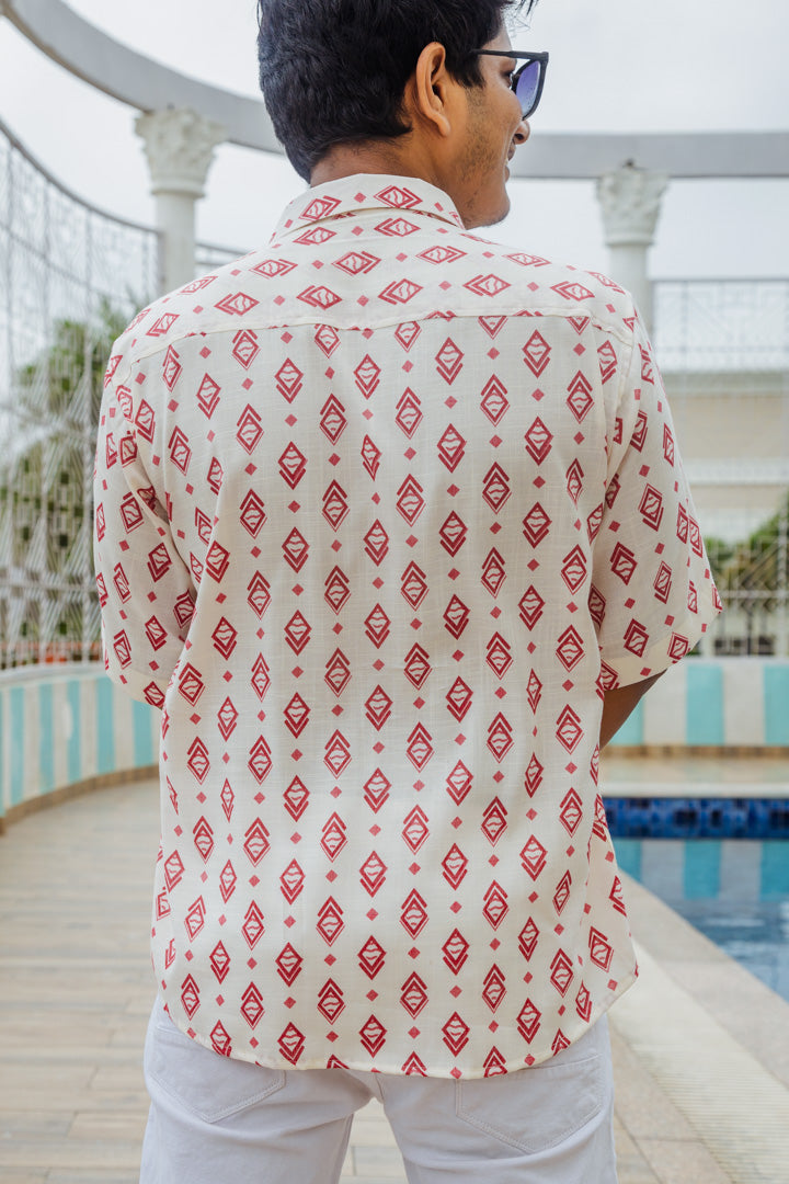 White & Red Geometrical Print Premium Oversized Unisex Rayon Shirt