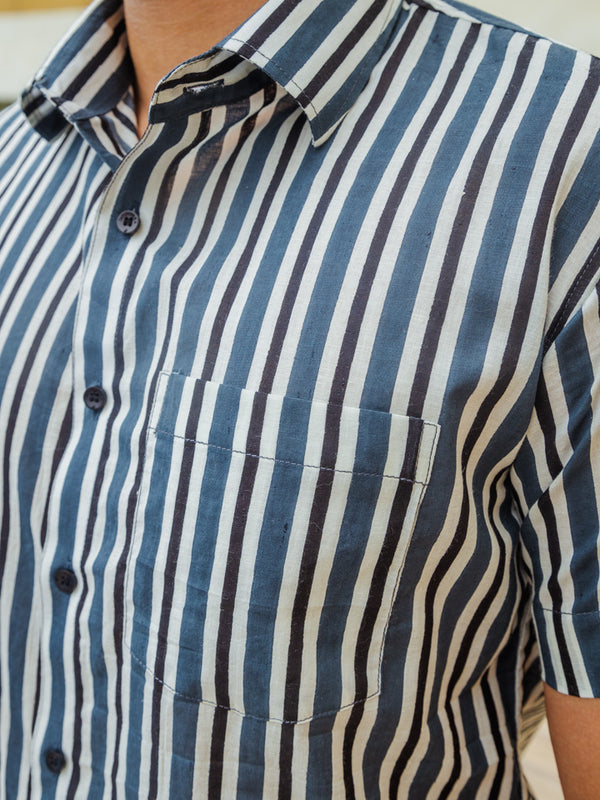 Blue White & Black Striped Hand Block Printed Slim Fit Shirt
