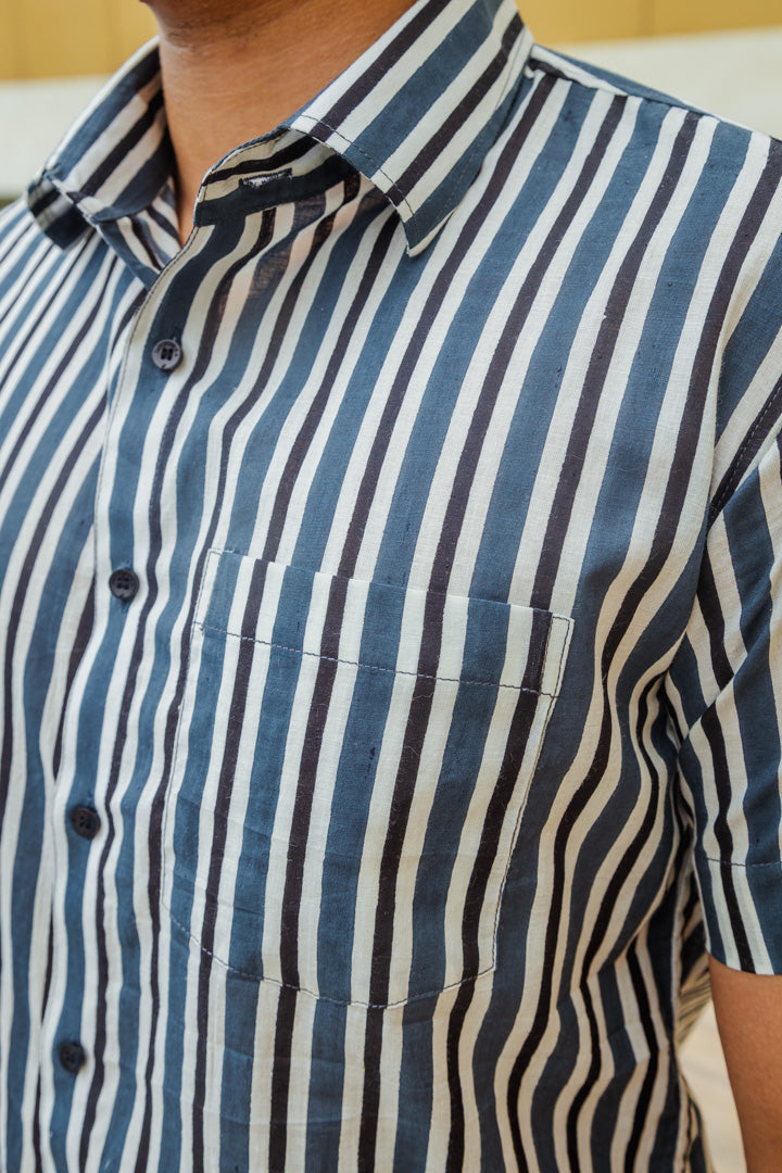 Blue White & Black Striped Hand Block Printed Slim Fit Shirt