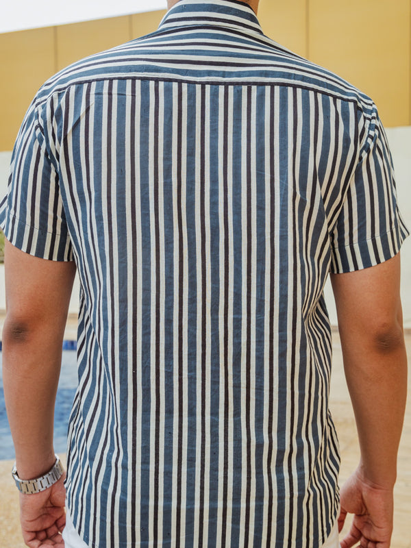 Blue White & Black Striped Hand Block Printed Slim Fit Shirt