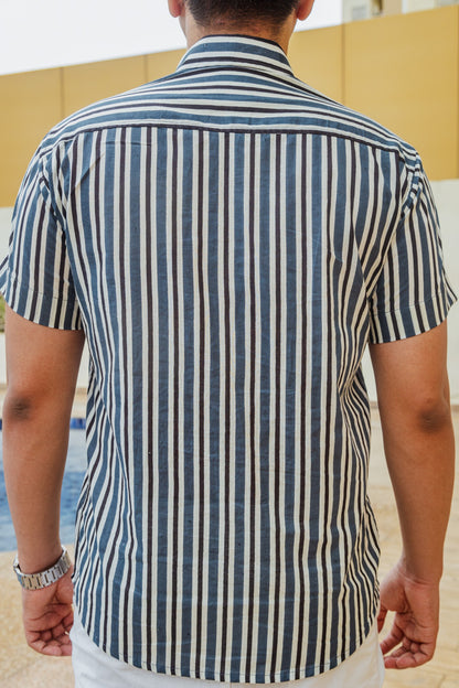 Blue White & Black Striped Hand Block Printed Slim Fit Shirt