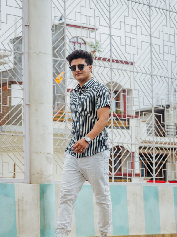 Blue White & Black Striped Hand Block Printed Slim Fit Shirt