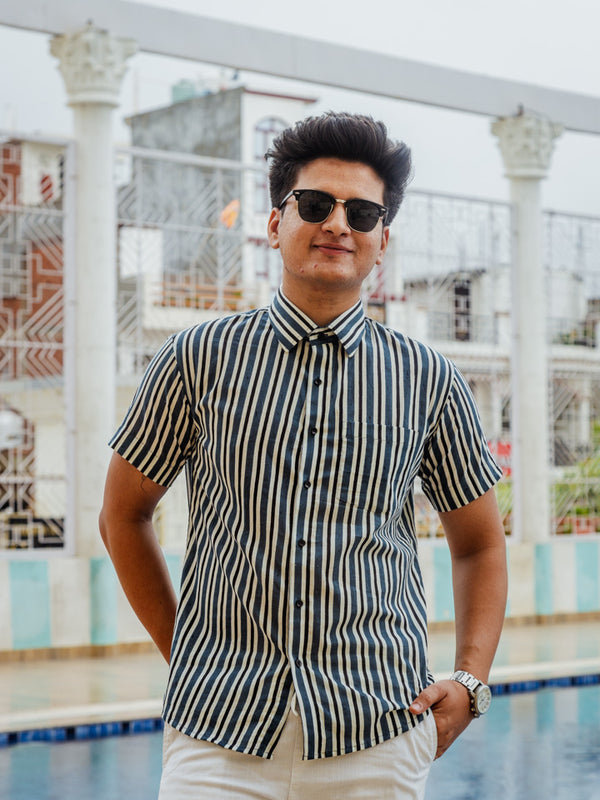 Blue White & Black Striped Hand Block Printed Slim Fit Shirt