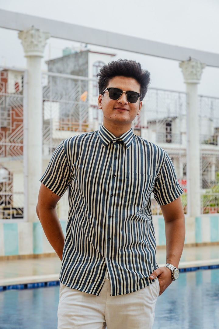 Blue White & Black Striped Hand Block Printed Slim Fit Shirt