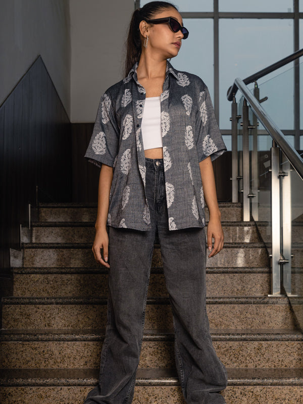 Grey Paisley Print Premium Oversized Unisex Rayon Shirt