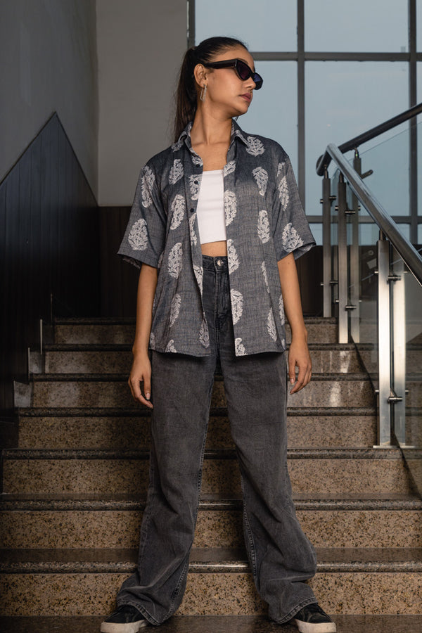 Grey Paisley Print Premium Oversized Unisex Rayon Shirt