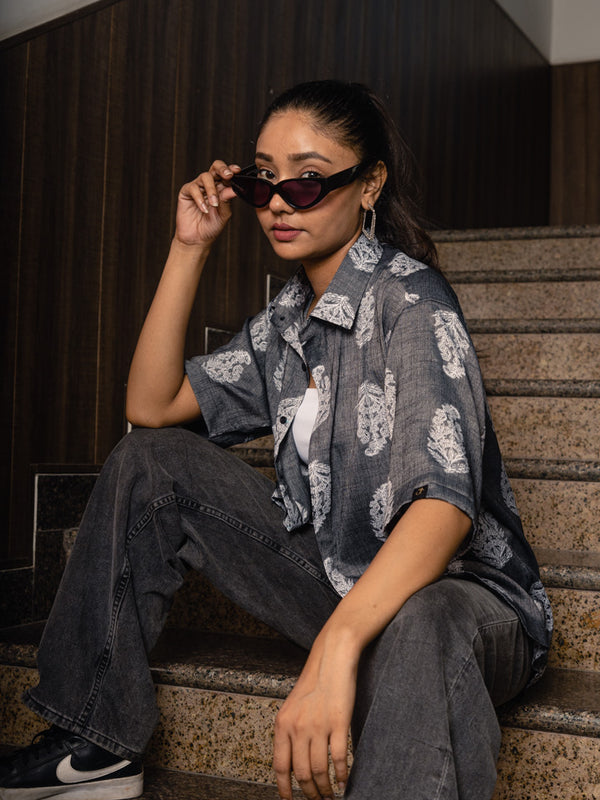 Grey Paisley Print Premium Oversized Unisex Rayon Shirt